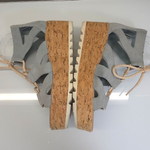 Sorel Sandals Women 8 Cameron Blue Flatform Lace Up Cork Suede Gladiator Wedge - Picture 10 of 10
